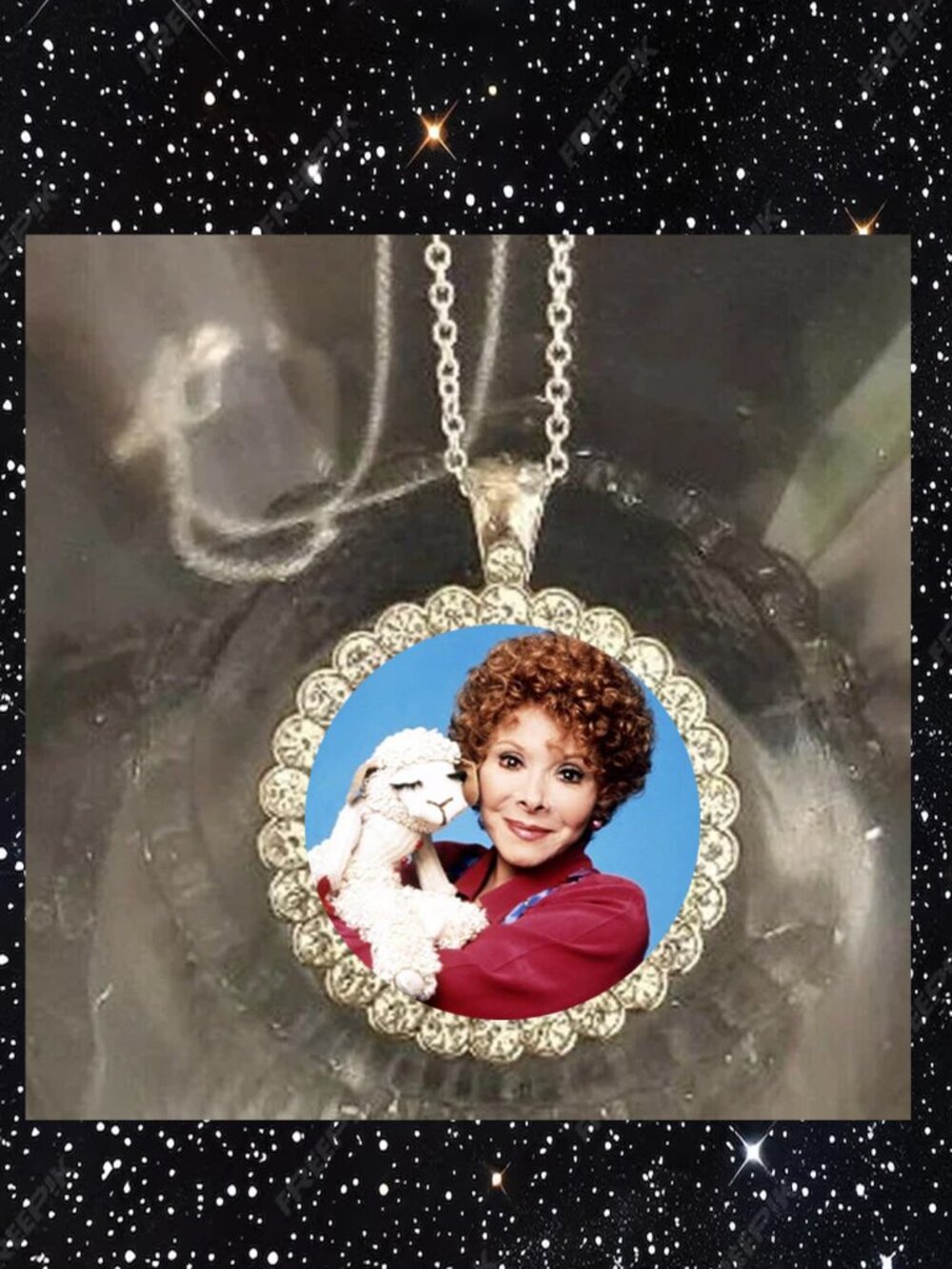 Retro Lamb chop Shari Lewis silver necklace 925 silver Bling rhinestones nice